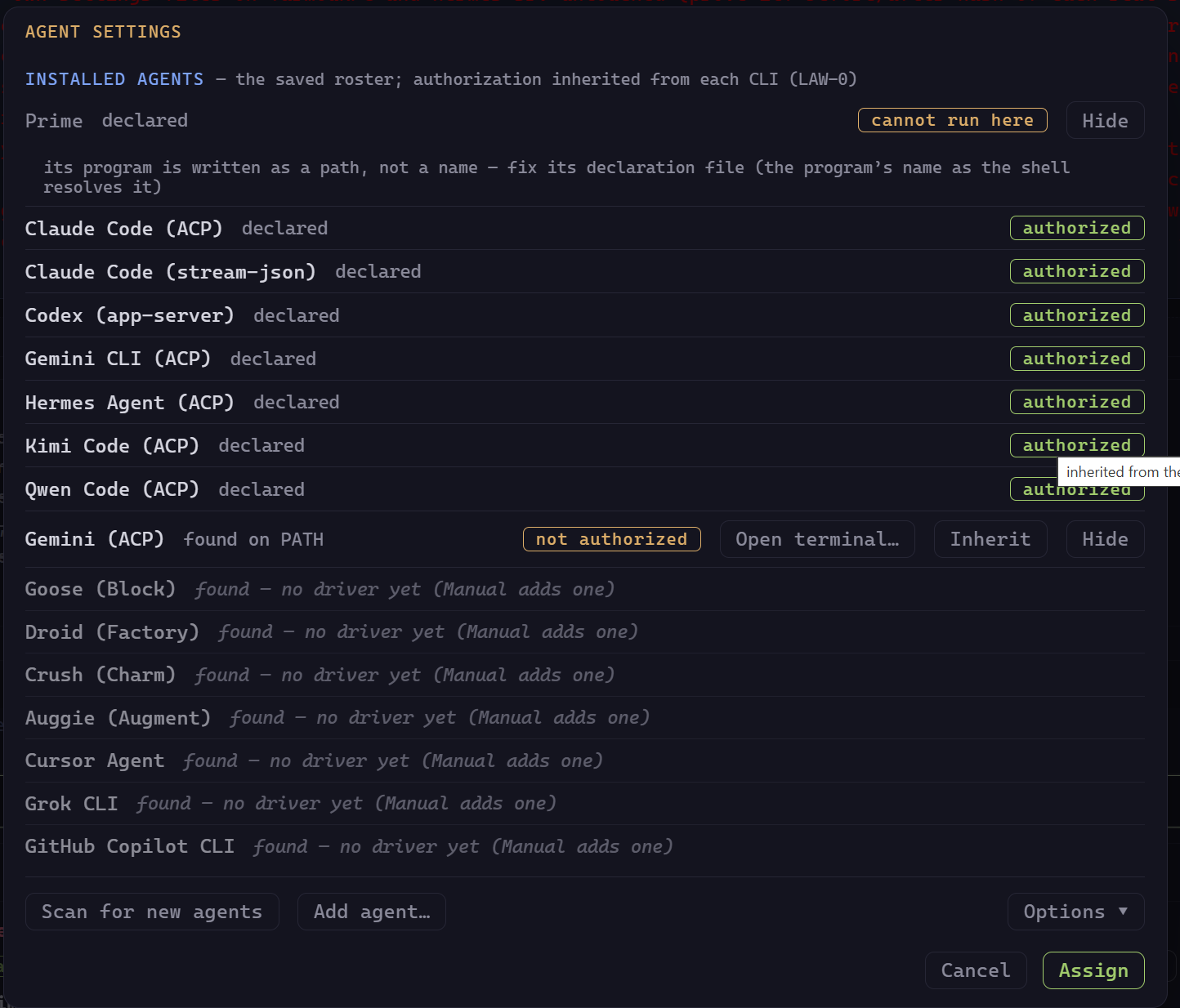 nonaAi Agent Settings: installed agents with authorization inherited from each CLI (LAW-0)